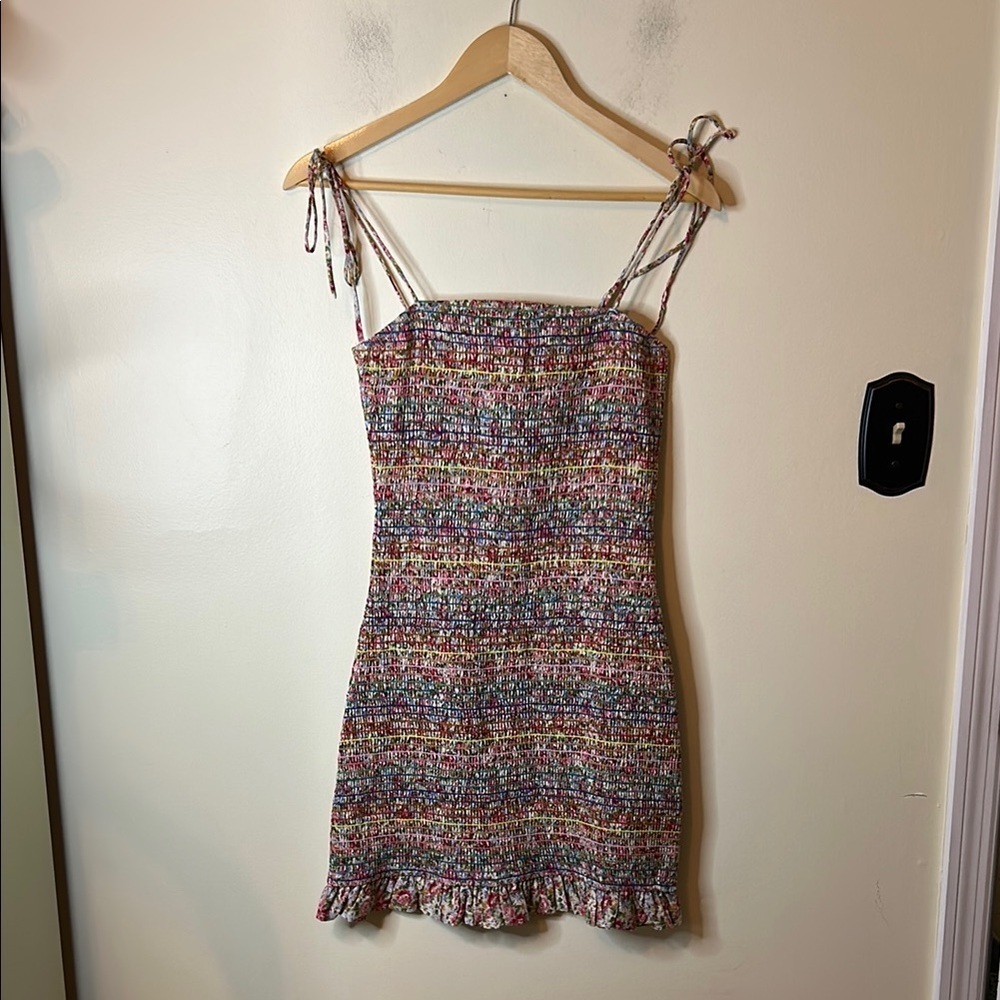 Storia Smocked Bodycon Rainbow Floral Mini Dress Size S